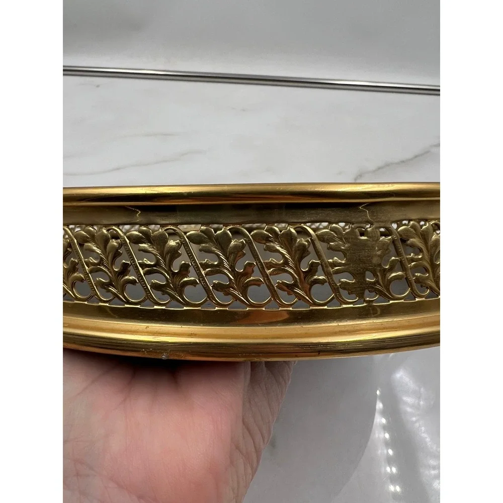 Vintage Gold Ornate Filigree Round Vanity Tray Black Base Hollywood Regency 10in